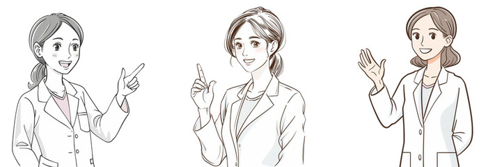 A woman in a white lab coat is pointing to something