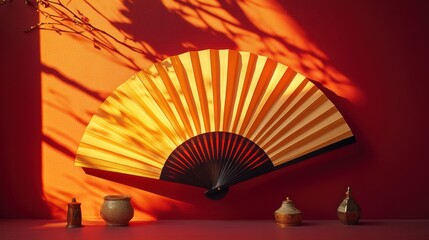 Golden hand fan with traditional Japanese pottery and shadow cast on a red background.