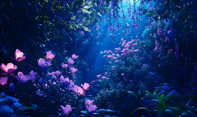 Fototapeta premium Dreamlike Landscapes and Mystical Gardens with Vibrant Flowers and Glowing Nature