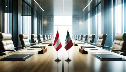 A modern conference room with Peru and Mexico flags on a long table, symbolizing a bilateral meeting or diplomatic discussions between the two nations.