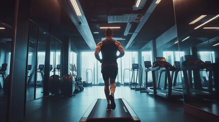 Fototapeta premium Athletic runner on a treadmill in a modern gym, moving with determination, surrounded by high-end fitness equipment.