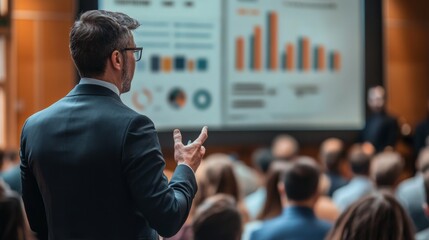 A professional speaker presents data insights to an engaged audience, showcasing graphs and charts in a conference setting.