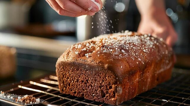 Baker is sprinkling a touch of coarse salt on a loaf of bread that has just come out of the oven, adding a final burst of flavor