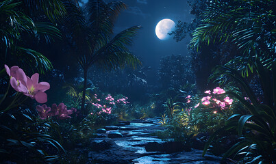 Obraz premium Dreamlike Landscapes and Mystical Gardens with Vibrant Flowers and Glowing Nature