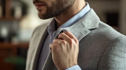 A close-up shot of a man adjusting the collar of a light grey suit jacket, emphasizing the texture of the fabric, with a subtle backdrop of a modern interior