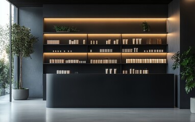 A sleek reception area featuring minimalist shelves with various skincare products and greenery.