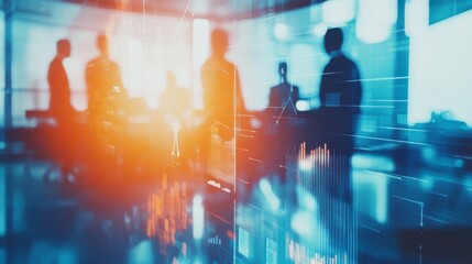 A blurred silhouette of people in a bright, modern office setting, with digital data overlays and reflections, suggesting a collaborative business environment.