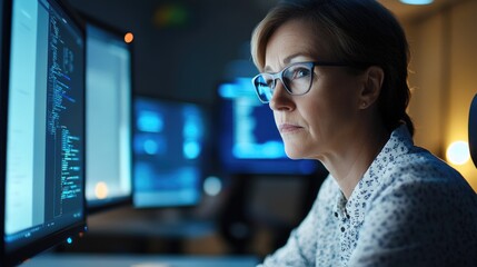 Fototapeta premium Serious aged businesswoman working at her desk, check infographic with charts, noting, writing information, carefully examines data, prepare financial report, analyzing trends, make strategic decision