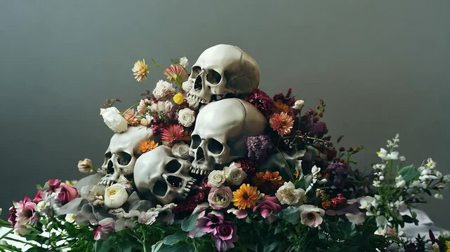The pile of skull and bone with flowers