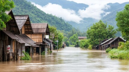 Obraz premium Flooded village with wooden houses surrounded by lush mountains and cloudy sky.