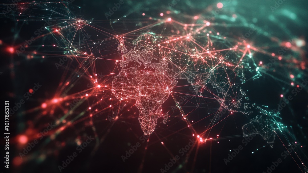 Poster a digital rendering of a global financial network, with interconnected lines and nodes representing 