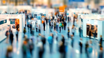Obraz premium A dynamic scene at a busy trade fair with blurred figures of people networking and interacting around modern exhibition booths, capturing the energy and movement of a vibrant business event