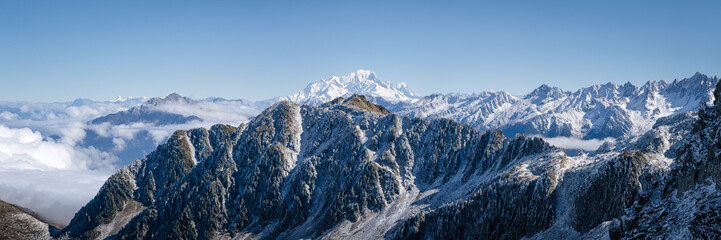sunning panoramic view of the Mont Blanc in autumn. Snowy mountains in autumn in the french alps....