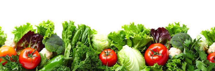 A row of vegetables including broccoli, tomatoes, lettuce, and cucumbers