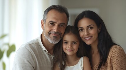 A father, mother, and daughter posing for a portrait at home, with the daughter sitting on her father lap and the mother standing beside them Close-up photo with clean background