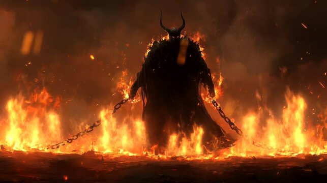 A dark figure draped in a tattered cloak, with burning chains in hand, stands amidst rising flames. Looping 4k video animation background