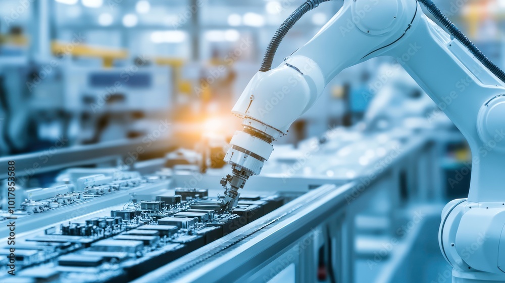 Poster a high-tech robotic arm assembling intricate electronic components in a modern factory setting showc