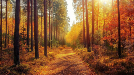 Obraz premium A wide forest trail flanked by tall trees displaying a blend of gold, crimson, and burnt orange leaves, with sunlight dappled across the path. Autumn landscape, fall foliage