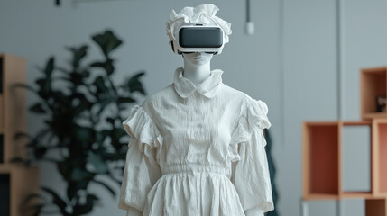 A fashion designer explores innovative designs using AI technology, showcasing mannequin dressed in stylish white outfit and wearing virtual reality headset. setting is modern and creative, reflecting
