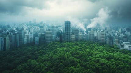 Fototapeta premium A polluted cityscape contrasted with a vibrant green forest, illustrating the stark difference between environmental destruction and preservation