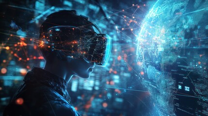 A smart individual using virtual reality goggles to access and interact with a complex global network, featuring holographic data and connections in the background