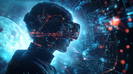 A smart individual using virtual reality goggles to access and interact with a complex global network, featuring holographic data and connections in the background