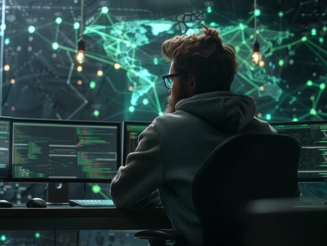 Hacker in a Dark Room with Multiple Monitors