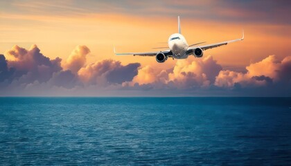 Fototapeta premium Airplane flying over tropical sea at sunset White passenger plane flying in the sky 