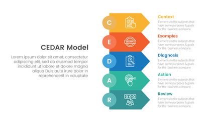 CEDAR feedback model infographic template banner with rectangle arrow stack with 5 point list information for slide presentation