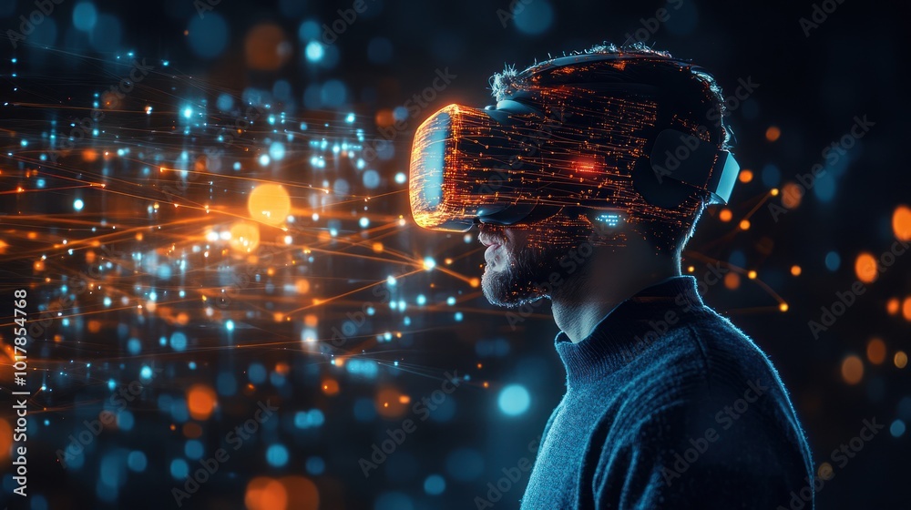 Poster a tech-savvy man wearing vr goggles, immersed in a digital environment with interconnected global ne