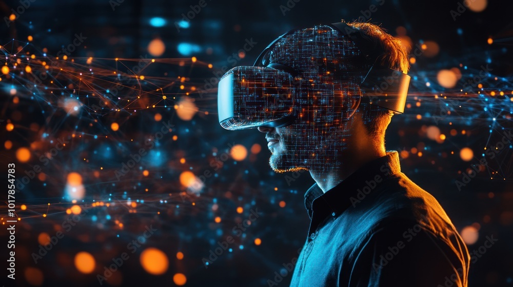 Poster a tech-savvy man wearing vr goggles, immersed in a digital environment with interconnected global ne