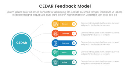 CEDAR feedback model infographic template banner with circle linked line with round rectangle box with 5 point list information for slide presentation