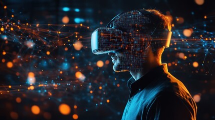 A tech-savvy man wearing VR goggles, immersed in a digital environment with interconnected global network nodes and data streams surrounding him