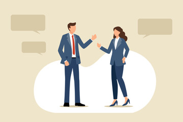 向かい合わせで会話をするスーツ姿の男女のフラットなベクターイラスト画像
