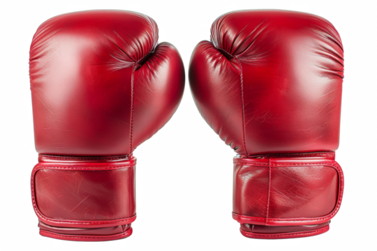 Two red boxing gloves with a white background - Powered by Adobe