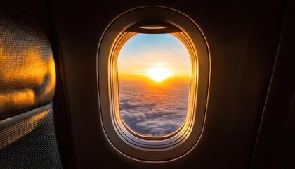 Airplane Window and Sunset and Journey seen through the window. Vertical.