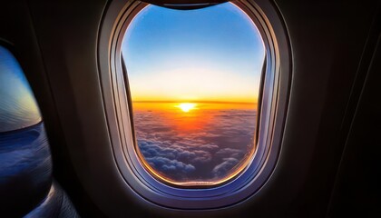 Airplane Window and Sunset and Journey seen through the window. Vertical.