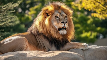 Obraz premium Serene Wildlife Portrait, Majestic Male Lion with Flowing Mane Resting on a Sun-Kissed Rock