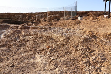 Ecological catastrophe of the Dead Sea. Erosion and salt formations on the surface of the earth. Jordan