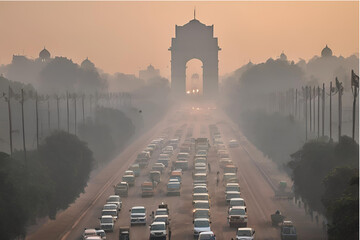Delhi air pollution, India Gate smog, Urban traffic in Delhi, Smoggy morning at India Gate, Air pollution in New Delhi, Traffic congestion and pollution, Hazy skyline of Delhi Stock Photo.