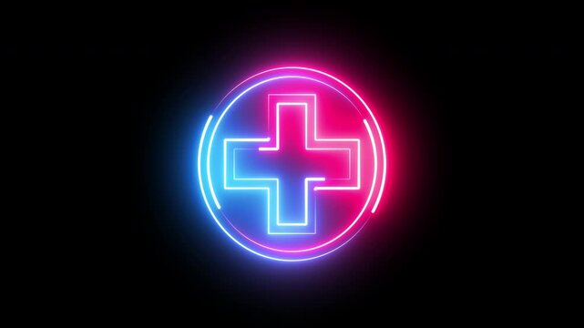 Blue and pink neon glowing medical cross icon on black background. First aid medical symbol.
