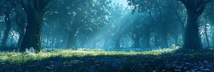 A misty pine forest with tall trees, foggy morning
