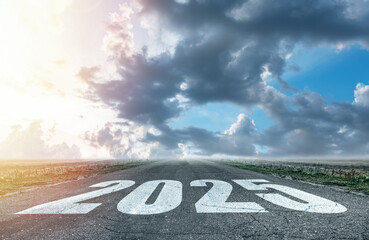 Asphalt road with the number 2025 New Year. 2025 New Year.