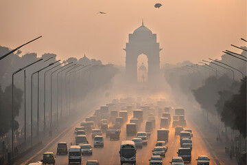 Delhi air pollution, India Gate smog, Urban traffic in Delhi, Smoggy morning at India Gate, Air pollution in New Delhi, Traffic congestion and pollution, Hazy skyline of Delhi Stock Photo.