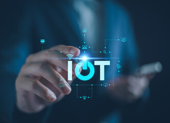 Business IoT AI automation concept, business man with virtual AI automation connect internet of thing, IoT for business in the future, technology AI automation, blockchain technology banner background