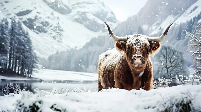 Portrait of Scottish Highland cow in the snow, Hairy Scottish highlanders in a natural winter landscape of a national park