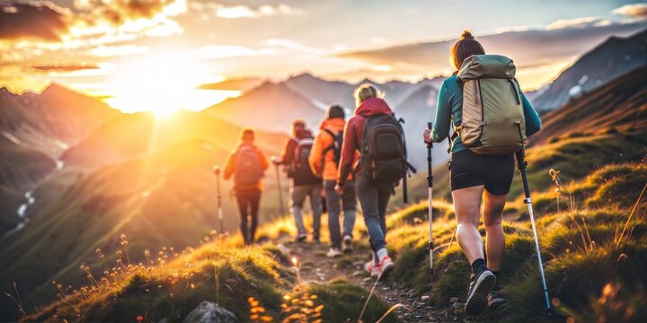 Group of Hikers Trekking in Mountains at Sunset



