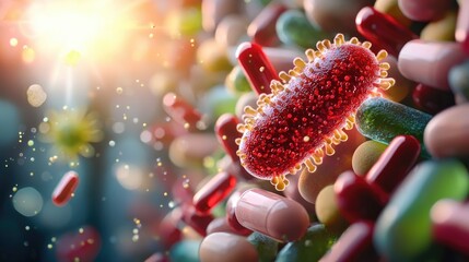 Colorful bacteria on a vibrant background with contrasting medical capsules.