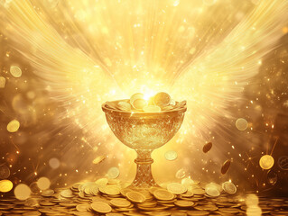Majestic Chalice Overflowing with Gold Coins, Surrounded by Sacred Geometry and a Pair of Angel Wings, Featuring a Central Pillar of Light and Energy with Glowing Symbols Against Ethereal