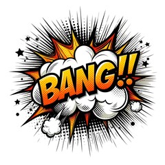 A comic speech bubble with text "BANG!!"  in explosion effect on white background